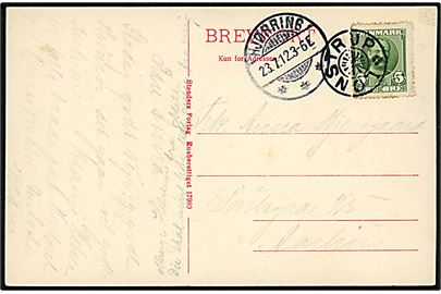 5 øre Fr. VIII på brevkort (Lønstrup, udsigt fra klitterne) annulleret med stjernestempel LØNSTRUP og sidestemplet Hjørring d. 23.7.1912 til Aarhus. 