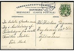 5 øre Fr. VIII på brevkort (Langesø) annulleret med stjernestempel HINDEVAD og sidestemplet Aarup JB.P.E. d. 12.3.1909 til København.