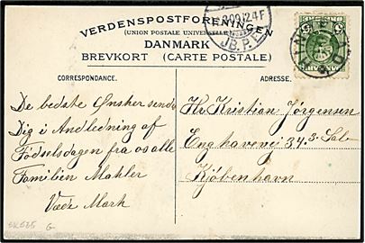 5 øre Fr. VIII på brevkort (Langesø) annulleret med stjernestempel HINDEVAD og sidestemplet Aarup JB.P.E. d. 12.3.1909 til København.