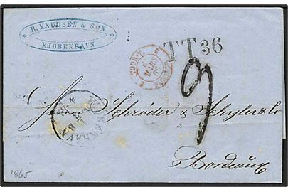 Ufrankeret brev fra København d. 1.3.1865 til Bordeaux. Påskrevet 9 med sort. 