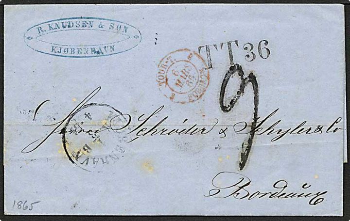 Ufrankeret brev fra København d. 1.3.1865 til Bordeaux. Påskrevet 9 med sort. 