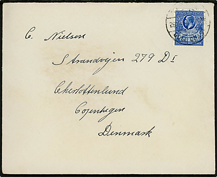 3d George V på brev annulleret med svagt stempel til Charlottenlund, Danmark.
