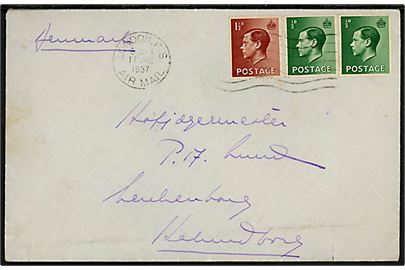 ½d (2) og 1½d Edward VIII på luftpostbrev fra London d. 17.6.1937 til Lerchenborg pr. Kalundborg, Danmark.