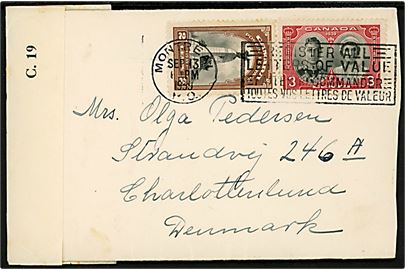2 Cents og 3 Cents Kongebesøg på brev fra Montreal d. 13.9.1939 til Charlottenlund, Danmark. Åbnet af canadisk censur C.19.