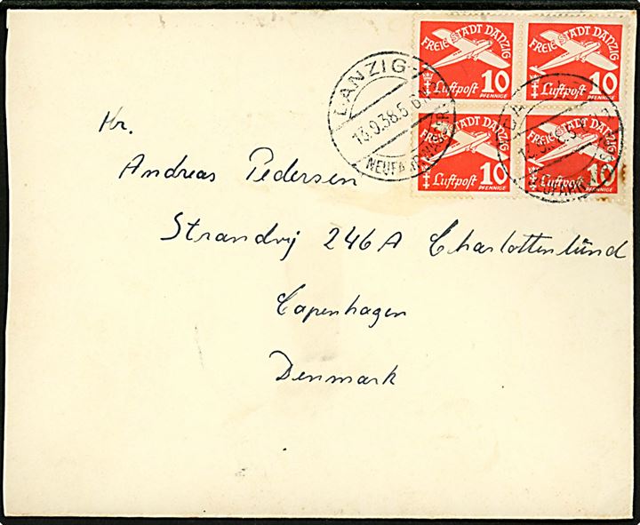 10 pfg. Luftpost udg. i fireblok på brev fra sømand ombord på S/S N. C. Monberg stemplet Danzig Neufahrwasser d. 13.9.1938 til København, Danmark.