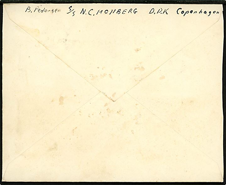 10 pfg. Luftpost udg. i fireblok på brev fra sømand ombord på S/S N. C. Monberg stemplet Danzig Neufahrwasser d. 13.9.1938 til København, Danmark.