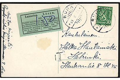 50 pen. Løve på underfrankeret brevkort fra Ruha d. 29.5.1938 til Helsinki. Sort T-stempel og grøn 2-sproget Lösen etiket.