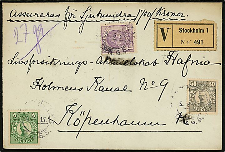 4 öre Tre Kroner, 5 öre og 50 öre Gustaf på værdibrev fra Stockholm d. 5.5.1917 til København, Danmark. 