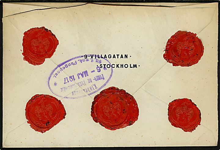 4 öre Tre Kroner, 5 öre og 50 öre Gustaf på værdibrev fra Stockholm d. 5.5.1917 til København, Danmark. 