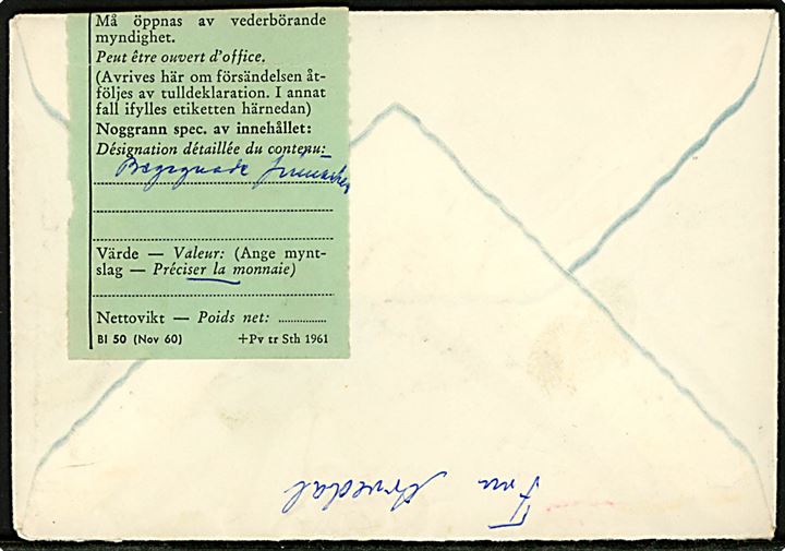 40 öre Nobelpris 1905 på brev annulleret med svagt stempel i 1966 til Gentofte, Danmark. Grøn toldetiket og rødt dansk stempel: Toldkontrolleret (krone) 4 Centralpostbyg.