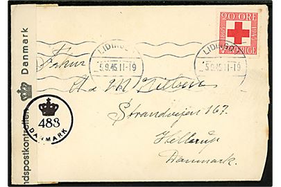 20 öre Røde Kors på brev fra Lidingö d. 3.9.1945 til Hellerup, Danmark. Åbnet af dansk efterkrigscensur med sort stempel (krone)/483/Danmark.