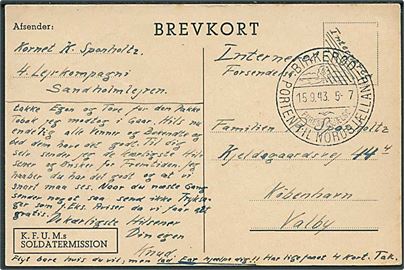 Ufrankeret interneret brevkort stemplet Birkerød d. 15.9.1943 til København. Fra interneret kornet i Landholmlejren.