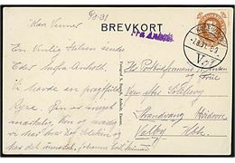 10 øre Chr. X 60 øre på brevkort (Klitpartier fra Anholt) annulleret København V. d. 7.8.1931 og sidestemplet Fra Anholt til Hvidovre. Skibstempel benyttet ca. 5 år senere end registreret i Skilling/Bendix.