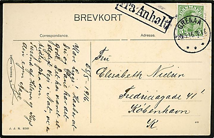5 øre Chr. X på brevkort (Mindesmærket på Anholt) annulleret Grenaa og sidestemplet Fra Anholt til København.