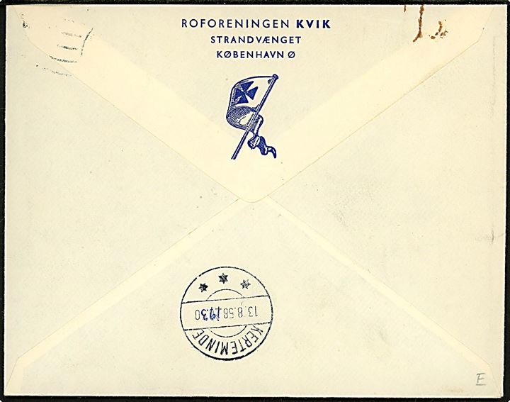 30 øre 1000 års udg. og 1 kr. Rigsvåben på ekspresbrev mærket Vikingeløbet fra Roforeningen Kvik stemplet København V. d. 13.8.1958 til Kertemine.