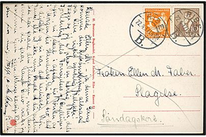 10 øre H. C. Andersen og 10 øre Tavsen på søndagsbrevkort annulleret brotype Vc Ribe B. d. 22.4.1937 til Slagelse. 