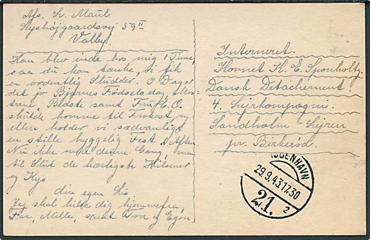 Ufrankeret interneret brevkort fra København d. 29.9.1943 til interneret kornet i Sandholmlejren pr. Birkerød.