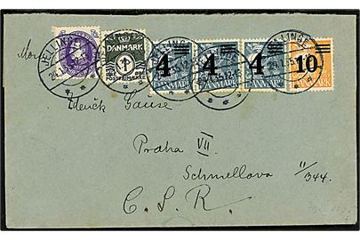 7 øre Chr. X 60 år, 1 øre Bølgelinie, 4/25 øre (3) og 10/30 øre Provisorium på brev fra Jellinge d. 24.1.1935 til Prag, Tjekkoslovakiet.