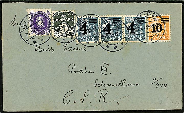 7 øre Chr. X 60 år, 1 øre Bølgelinie, 4/25 øre (3) og 10/30 øre Provisorium på brev fra Jellinge d. 24.1.1935 til Prag, Tjekkoslovakiet.