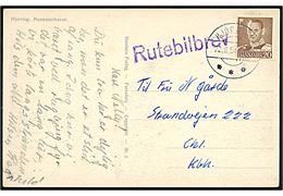 20 øre Fr. IX på brevkort annulleret Hjørring d. 22.8.1954 og sidestemplet Rutebilbrev til Charlottenlund. 
