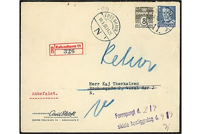 8 øre Bølgelinie og 60 øre Fr. IX på anbefalet lokalbrev i København d. 1.9.1955. Anmeldt og returneret med flere stempler.