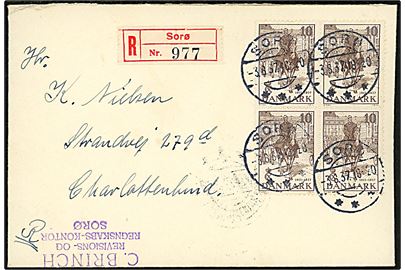 10 øre Regentjubilæum i fireblok på anbefalet brev fra Sorø d. 3.6.1937 til Charlottenlund.