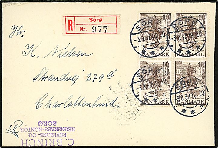 10 øre Regentjubilæum i fireblok på anbefalet brev fra Sorø d. 3.6.1937 til Charlottenlund.