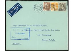 10 øre Bølgelinie, 25 øre Karavel og 50 øre Chr. X på luftpostbrev fra København d. 29.8.1935 til London, England.