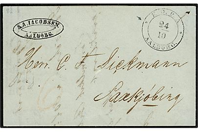 1851. Portobrev med antiqua K.O.P.A. Aalborg d. 24.10.1851 til Saxkjøbing, Påskrevet 6 sk. porto.