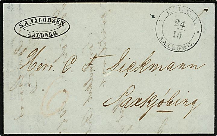 1851. Portobrev med antiqua K.O.P.A. Aalborg d. 24.10.1851 til Saxkjøbing, Påskrevet 6 sk. porto.