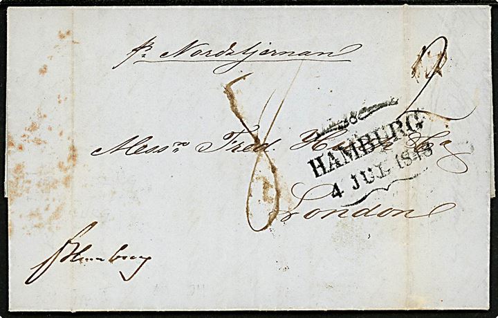 1848. Francobrev Fr Hamburg med langt indhold påskrevet Pr. Nordstjernan og rammestempel Götheborg d. 2.7.1848 via Hamburg d. 4.7.1848 til London, England. Flere portopåtegninger. 