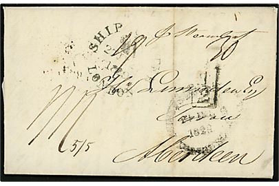 1829. Portobrev med fuldt indhold dateret i København d. 21.7.1829 og påskrevet Pr. Steamboat via Hamburg med svagt stempel og britisk SHIP LETTER LONDON d. 27.7.1829 til Aberdeen, Scotland. 