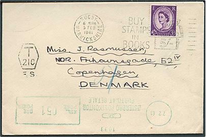 3d Elizabeth single på underfrankeret brev fra Rugby d. 5.2.1961 til København, Danmark. T 21 c / F.S. porto stempel og dansk 51 øre grønt porto-frankostempel fra Østerbro Postkontor d. 7.2.1961.