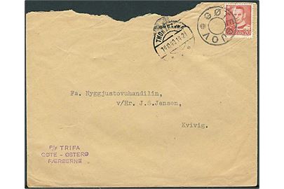 20 øre Fr. IX på brev annulleret med udslebet stjernestempel GØTEGJOV og sidestemplet Thorshavn d. 14.10.1949 til Kvivig. Revet i toppen.