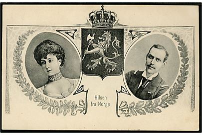 Norge. Kong Haakon d. VII og Dr. Maud. Stenders no. 4525. Med 5 øre våben og Julemærke 1905, bundet til kortet, annulleret København d. 24.12.1905, sendt lokalt. 