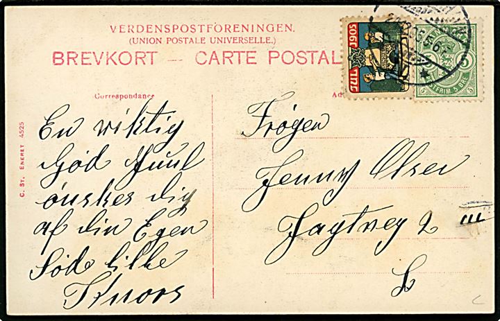 Norge. Kong Haakon d. VII og Dr. Maud. Stenders no. 4525. Med 5 øre våben og Julemærke 1905, bundet til kortet, annulleret København d. 24.12.1905, sendt lokalt. 