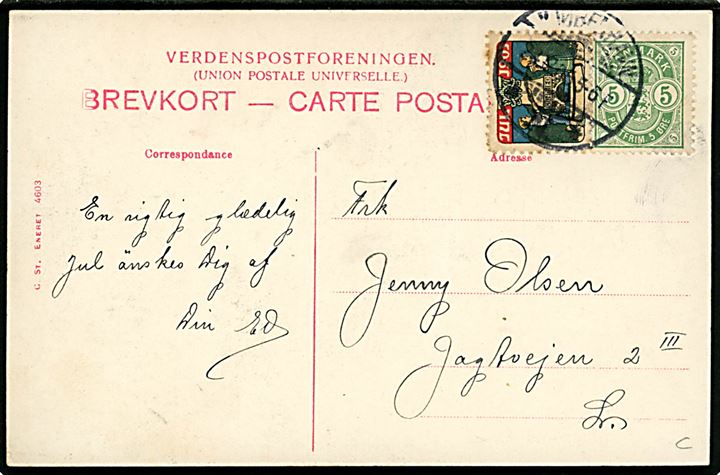 Norge. Kong Haakon d. VII. Stenders no. 4603. Med 5 øre våben og julemærke 1905, bundet til kortet, annulleret København d. 24.12.1905, sendt lokalt. 