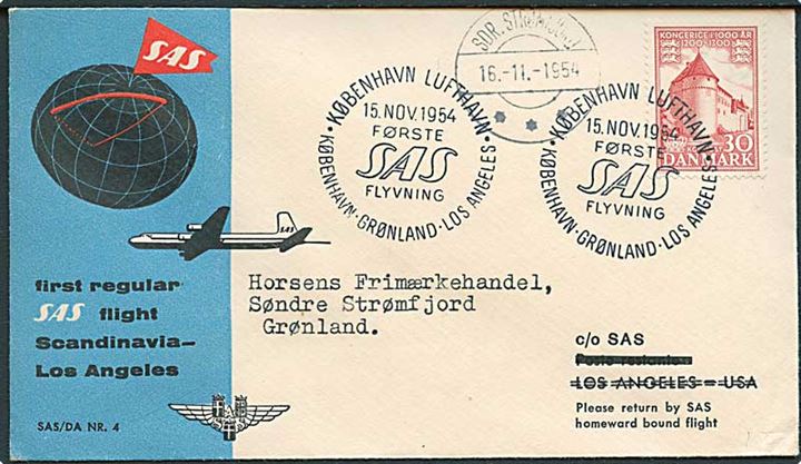 30 øre 1000 års udg. på illustreret SAS 1.-flyvningskuvert stemplet København Lufthavn d. 16.11.1954 til Sdr. Strømfjord, Grønland.