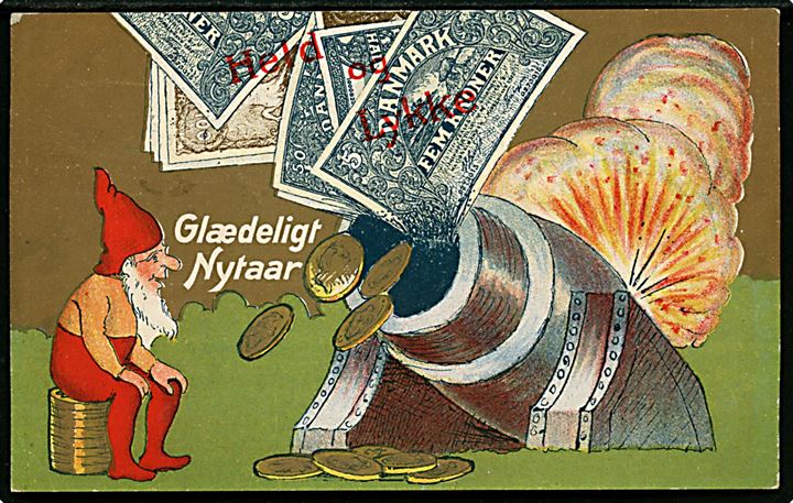Nisse med kanon og penge. Nytårskort. A. Vincent serie 179/1.