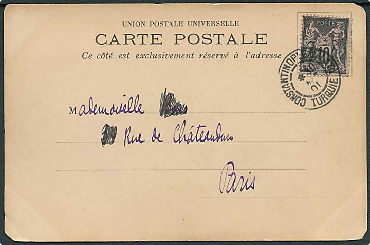 Fransk 10 c. på brevkort anvendt i Levant og annulleret Constantinople Galata Turquie 1901 til Paris, Frankrig.