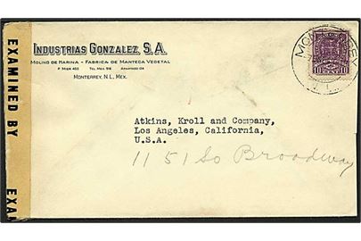 10 cent violet på brev fra Monterrey, Mexico d. 7.x.1943 til Los Angeles, USA. Amerikansk censur.