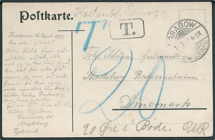 Ufrankeret feltpostkort fra Frabow d. 16.8.1918 til Skodsborg, Danmark. Sort T-stempel og udtakseret i 20 øre dansk porto.