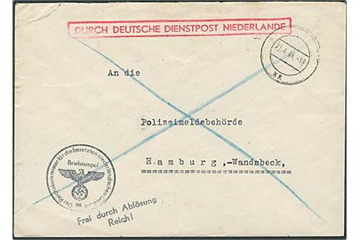 Ufrankeret tjenestebrev med rammestempel Durch deutsche Dienstpost Niederland og stumt stempel d. 22.4.1944 til Hamburg, Tyskland. Fra Der deustche Standesbeamte i Zwolle.