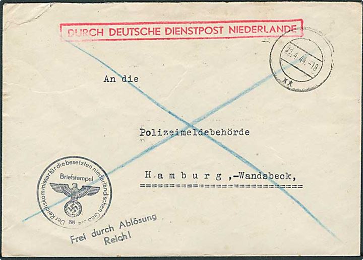 Ufrankeret tjenestebrev med rammestempel Durch deutsche Dienstpost Niederland og stumt stempel d. 22.4.1944 til Hamburg, Tyskland. Fra Der deustche Standesbeamte i Zwolle.