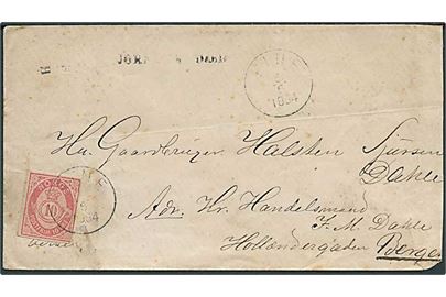 10 øre Posthorn, artighedsklippet, på brev stemplet Etne d. 5.6.1884 til Bergen.
