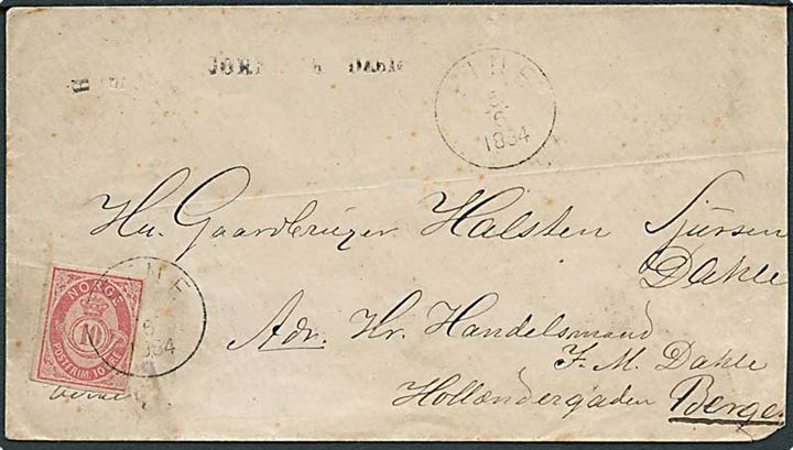 10 øre Posthorn, artighedsklippet, på brev stemplet Etne d. 5.6.1884 til Bergen.