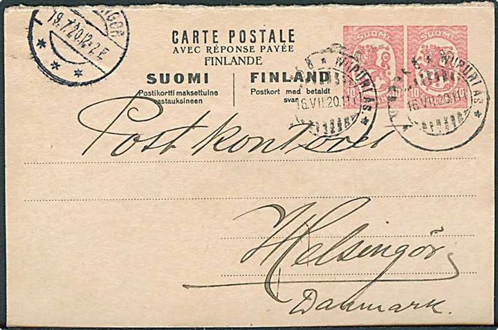 10+10 pen Løve spørgedel af dobbelt helsagsbrevkort fra Wiipurii As. d. 16.7.1920 til Helsingør, Danmark.