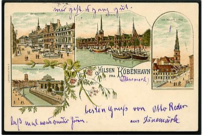 Købh., Hilsen fra Amagertorv, Børsen, Vor Frelsers Kirke og Thorvaldsens Museum. B.M. & Co. u/no. 