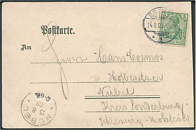 5 pfg. Germania på brevkort fra Bremen d. 14.8.1903 til Nybøl. Ank.stemplet Nübel d. 15.8.1903 - ca. 8 mdr. senere end registreret i Daka.