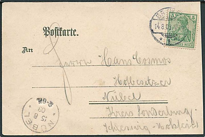 5 pfg. Germania på brevkort fra Bremen d. 14.8.1903 til Nybøl. Ank.stemplet Nübel d. 15.8.1903 - ca. 8 mdr. senere end registreret i Daka.